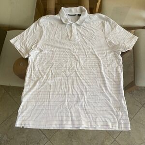Perry‎ Ellis XXL Mens Polo Shirt White Gray Striped Short Sleeve Golf